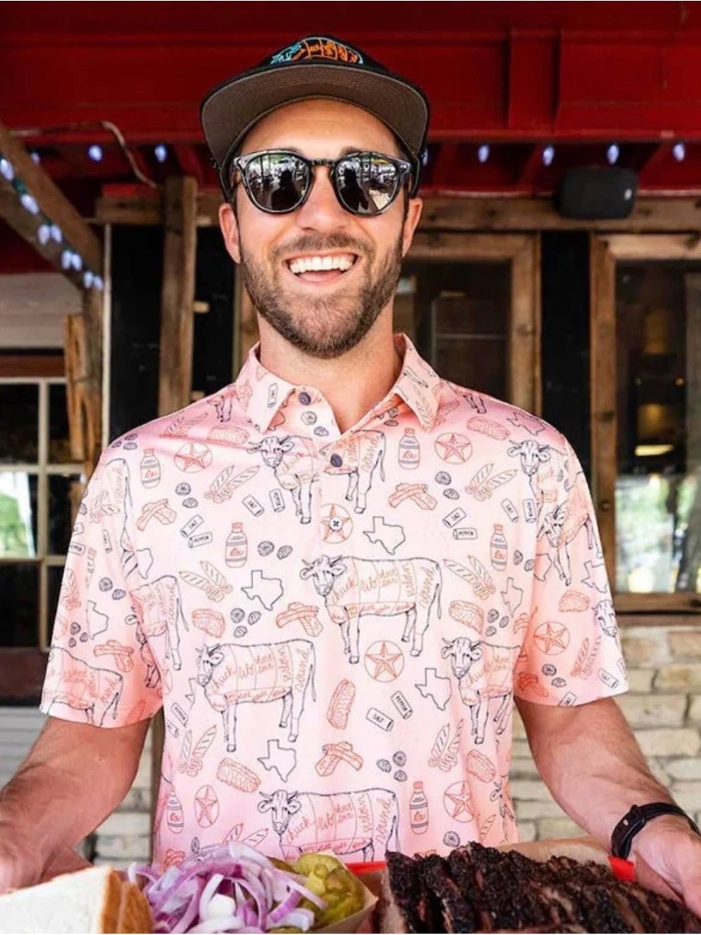 Raised By Coyotes Polo Shirt Mens XL Peach Texas BBQ Beef Cuts Performance Golf